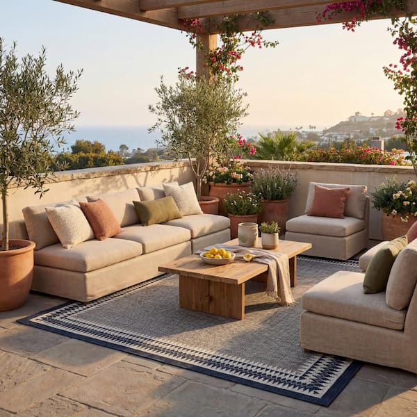 Mirelia Bordered Navy 6.7 X 9 ft. Outdoor Area Rug