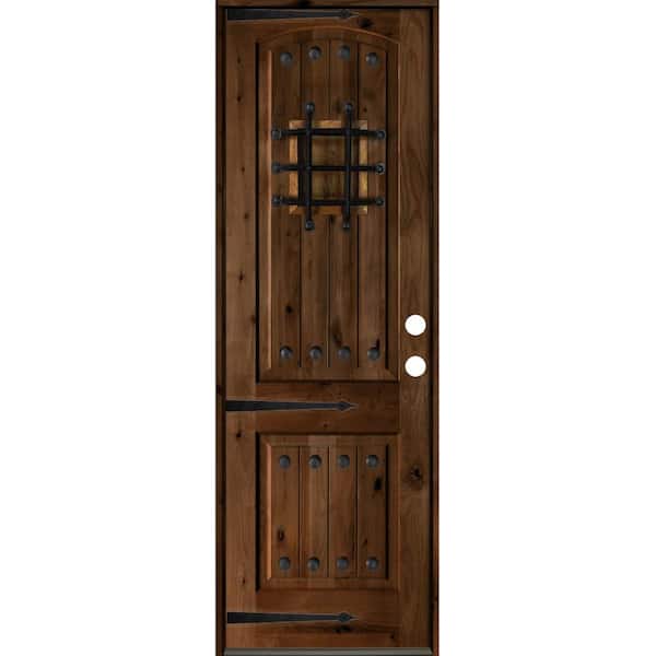 30 in. x 96 in. Mediterranean Knotty Alder Arch Top Provincial Stain Left-Hand Inswing Wood Single Prehung Front Door