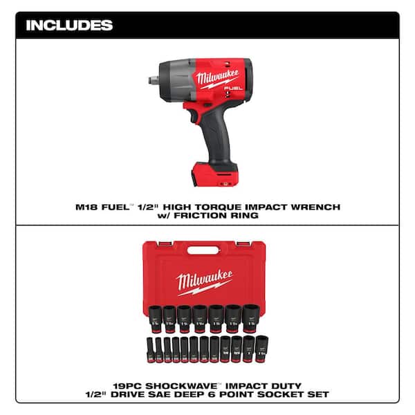 M18 FUEL 18V Lithium-Ion Brushless Cordless 1/2 in. Impact Wrench with Friction Ring & SAE Socket Set (19-Pc)