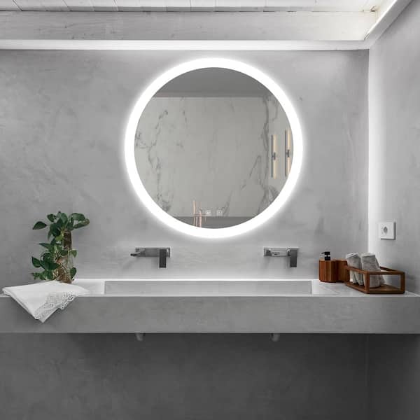 WELLFOR 32 in. W x 32 in. H Round Frameless LED Dimmable Wall Bathroom Vanity Mirror in Silver