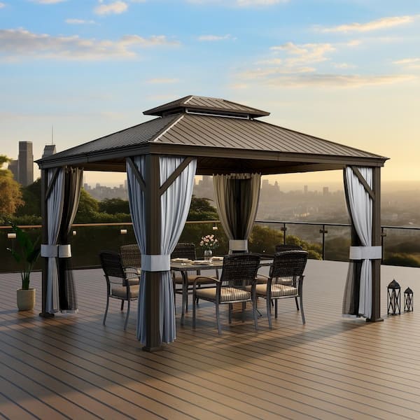 PamaPic 10 ft. x 12 ft. Brown Metal Hardtop Gazebo with Curtains