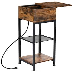 12 in. Brown Wood End Tables Narrow Side Nightstand with Storage Shelf, USB Ports Power Outlets