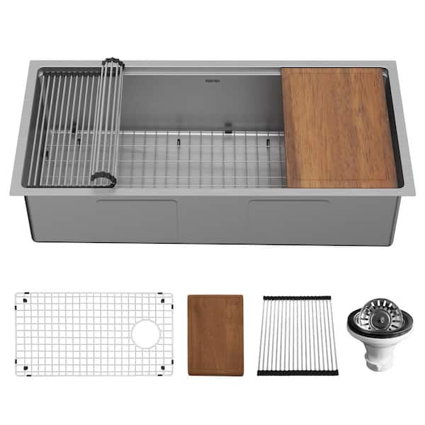 Karran 39 in. Undermount Single Bowl 16-Gauge Stainless Steel Workstation Kitchen Sink