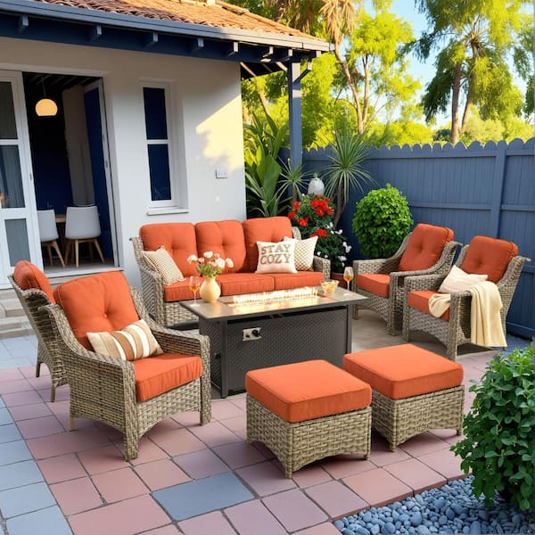 HOOOWOOO Cherry 8-Piece Wicker Outdoor Fire Pit Furniture Patio Conversation Sofa Seating Set with Red Cushions