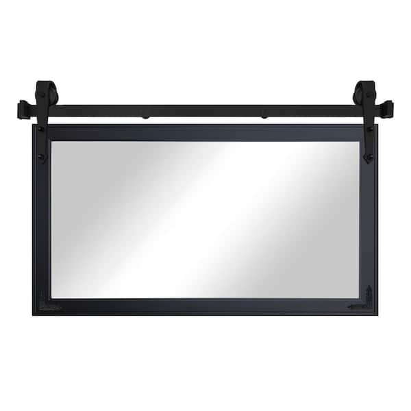(33 in. W x 66 in. H) Gallery Black Mirror w Steel Barn Door Track and Decorative Metal Corner Brackets
