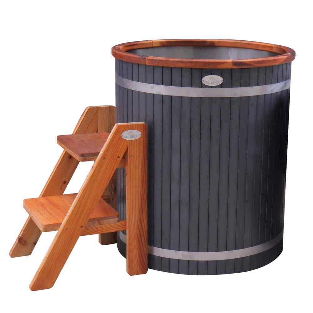 Charcoal and Cedar Oval Ice Bath Tub with Steps
