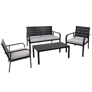4-Piece Patio Garden Sofa Conversation Set Wood Grain Design PE Steel Frame for Backyard with Cushions in Black and Gray