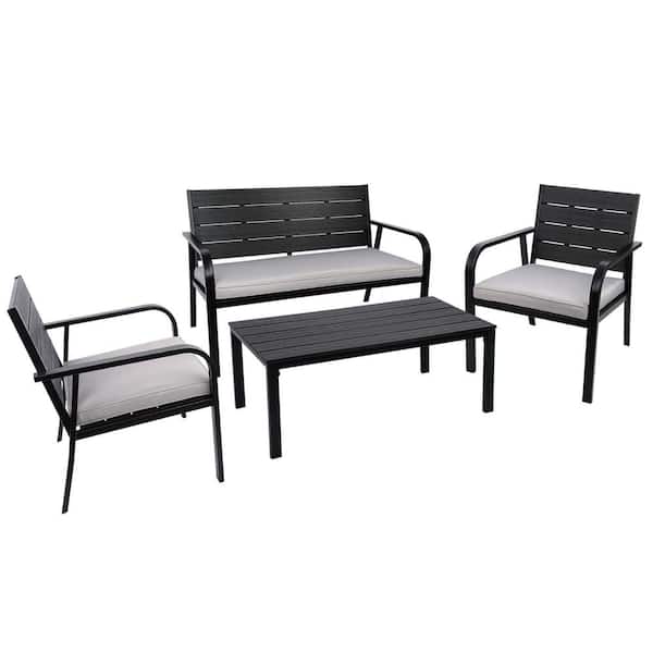 Zeus & Ruta 4-Piece Patio Garden Sofa Conversation Set Wood Grain Design PE Steel Frame for Backyard with Cushions in Black and Gray