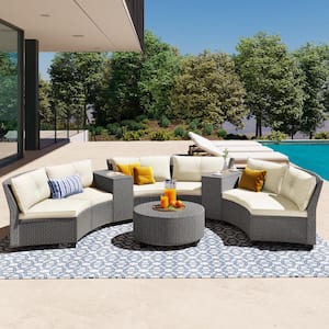 9-Piece Wicker Patio Conversation Furniture Set Half-Moon Curved Outdoor Sectional with Coffee Table, Beige Cushions