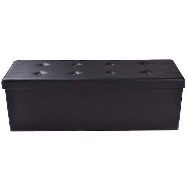 Costway Black 45 in. x15 in. x15 in. Large Folding Storage Faux Leather Ottoman Pouffe Box Stool