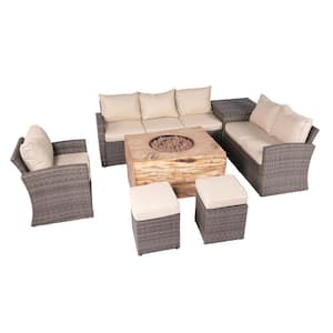 Greenland 7-Piece Wicker Patio Conversation Set Firepit Table with Beige Cushions and Ottomans