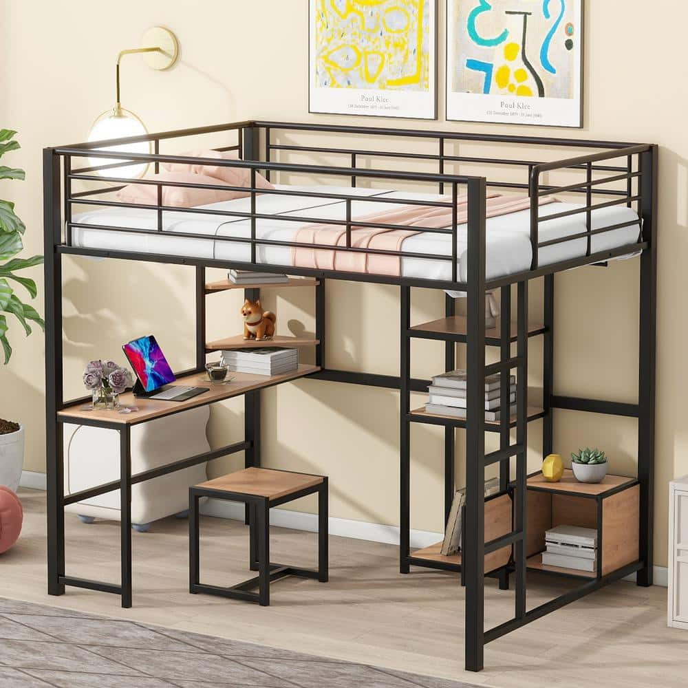 Harper & Bright Designs Black Metal Frame Full Size Loft Bed with Desk ...