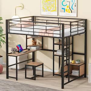 Black Metal Frame Full Size Loft Bed with Desk and Stool, Shelves and Cabinet, Open-Style Wardrobe