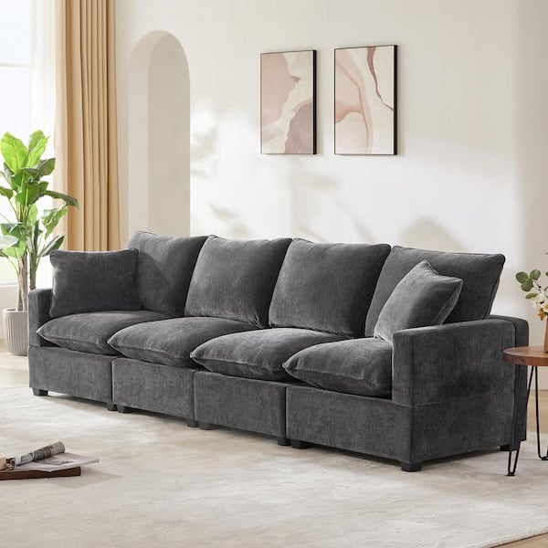 110 in. Straight Arm 4-Seat Chenille Rectangle Sectional Sofa in Black Gray with 2 Pillows, Freely Combinable Seats