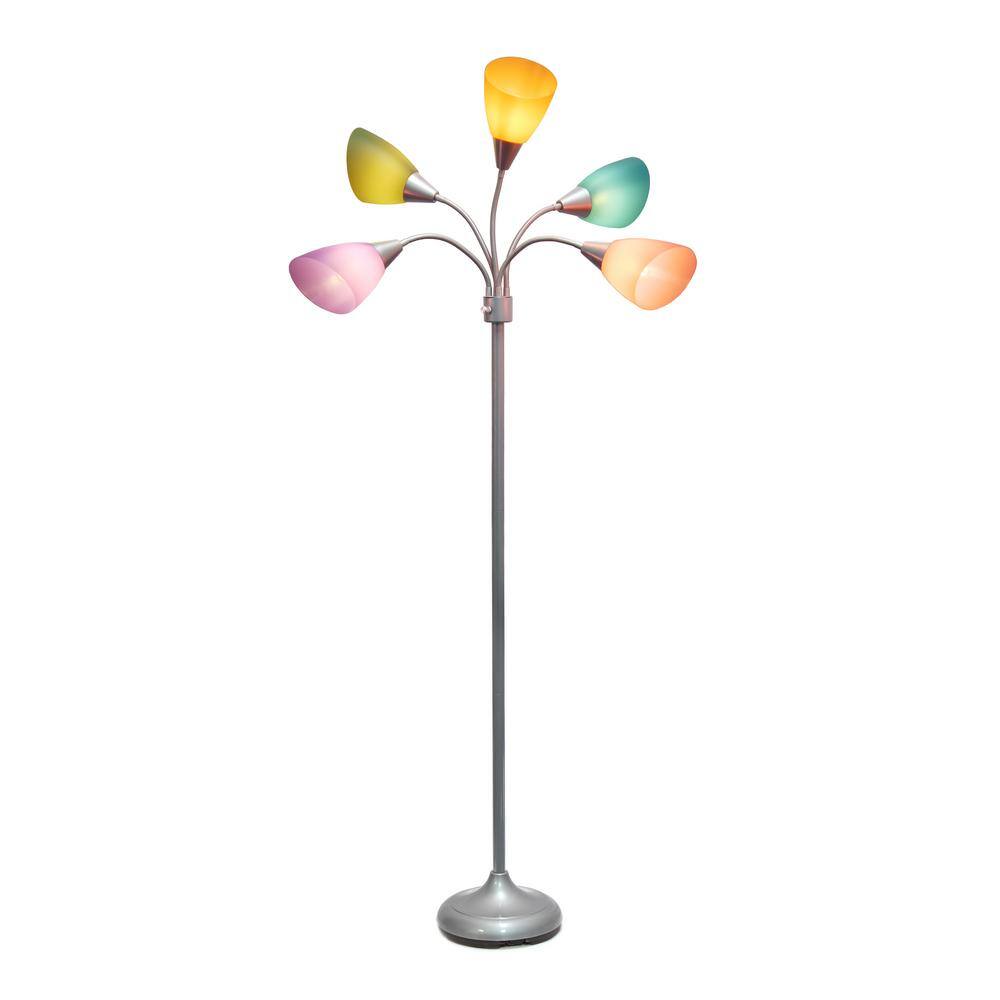 67" Silver Multi-Head Adjustable Gooseneck Floor Lamp with Multicolor Shades