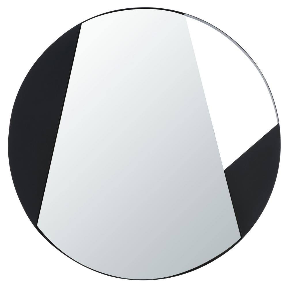 Contemporary Asymmetrical Round Wood Mirror in Matte Black