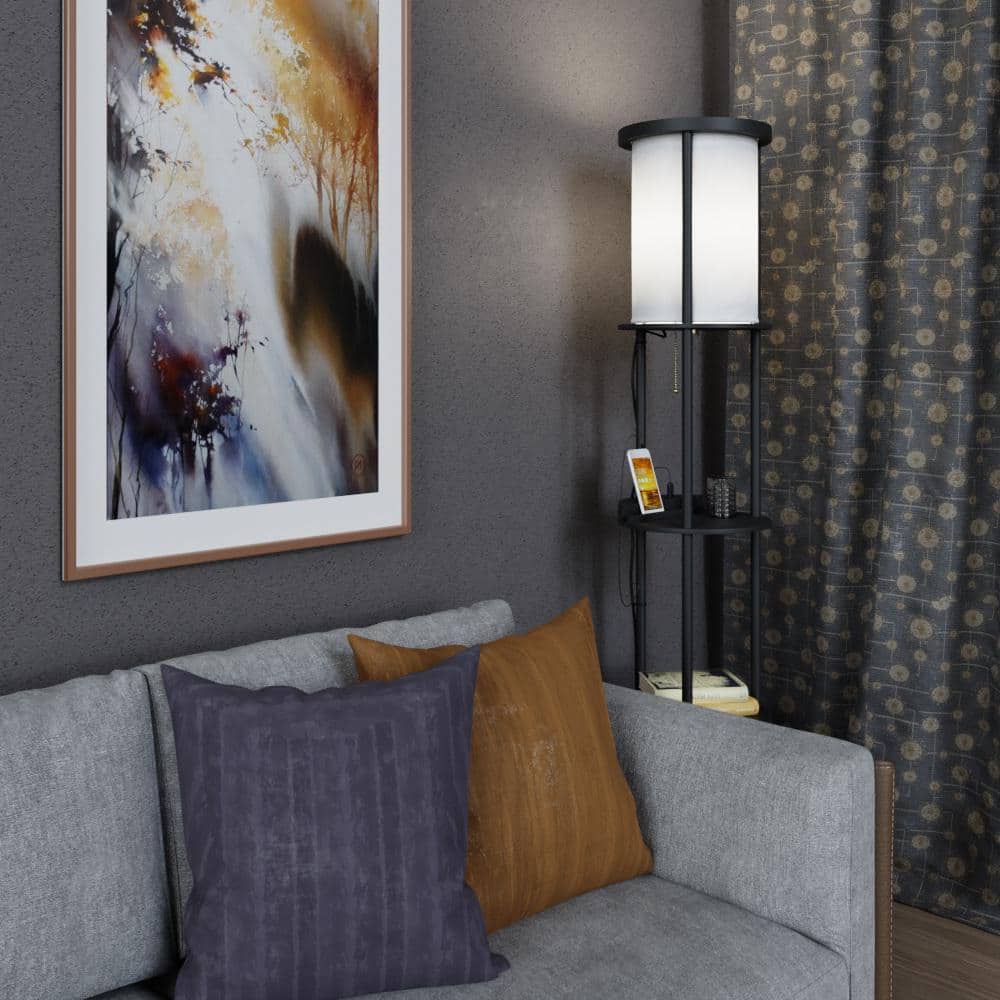 Tall Black Shelf Floor Lamp with White Fabric Shade
