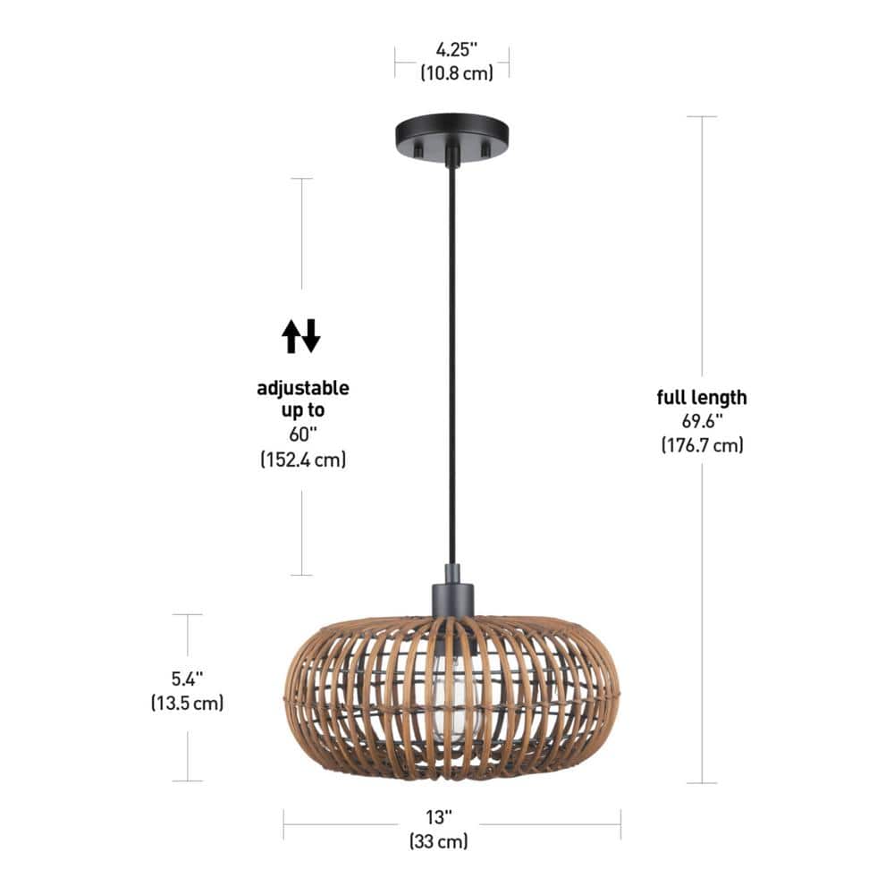 Matte Black Drum Pendant Light with Rattan Shade