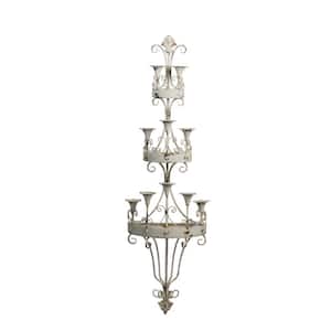 White Metal Wall Mount Candle Holder with Ornately Scrolled Design Frame