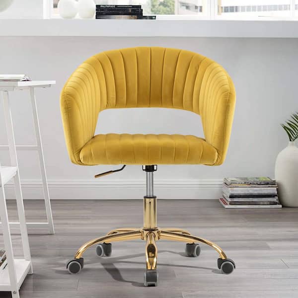 Modern Cute Upholstered Velvet Swivel and Adjustable Task Chair in Bright Yellow with Arm