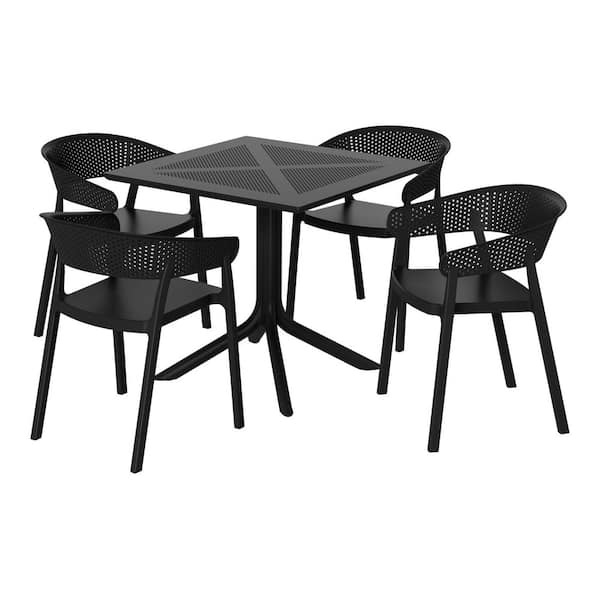 WESTIN OUTDOOR Frond and Form Modern Outdoor Patio Poly Plastic 5-Piece Square Table Dining Set w/ 4 Stackable Chairs in Black