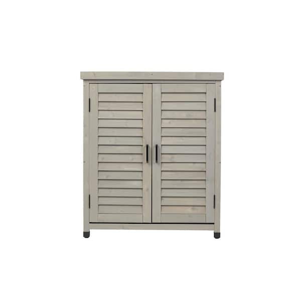 35 Gal. 31.5 in. x 17.7 in. Outdoor Grey Wood Deck Box, Potting Bench, Workstation w/ Storage Cabinet & Metal Table Top