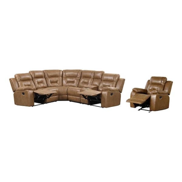 Salisbur 2-Piece Brown Faux Leather Upholstered Sectional and Recliner Living Room Set with Pillow Top Arms and Console