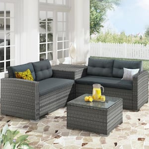 Patio Gray 4-Piece PE Rattan Wicker Outdoor Sectional Set with Gray Cushions, Storage Box and Coffee Table