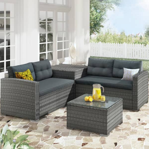 Afoxsos Patio Gray 4-Piece PE Rattan Wicker Outdoor Sectional Set with Gray Cushions, Storage Box and Coffee Table
