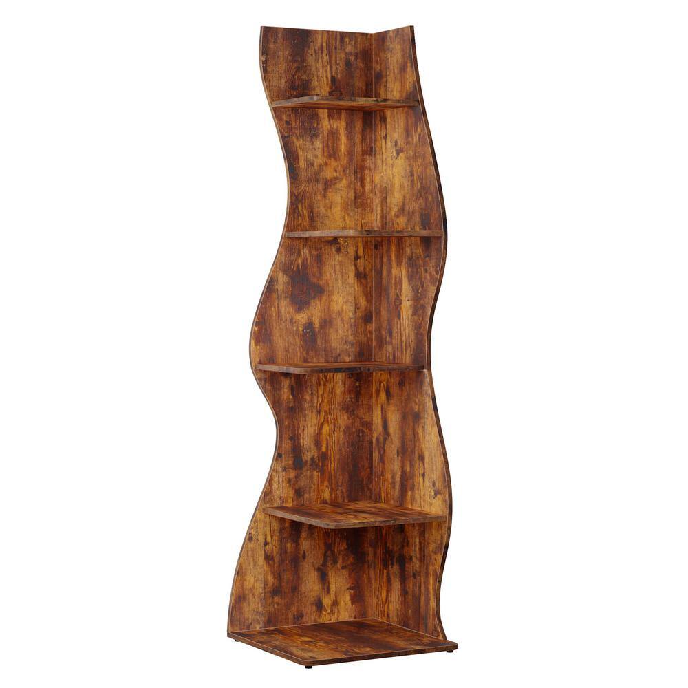 Eulas 69.8 in. Tall Brown Engineered Wood 5-Shelf Standard Bookcase Bookshelf Corner Shelf for Living Room