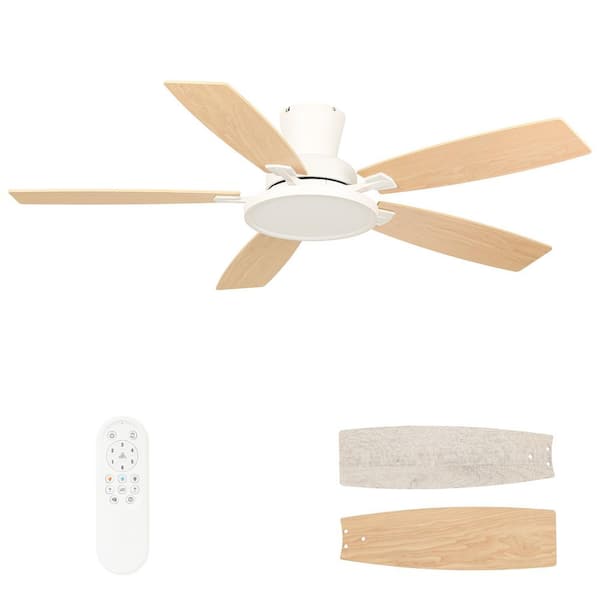 52 in. Smart Indoor White Low Profile Large Flush Mount Ceiling Fan with Bright White Integrated LED for Living Room