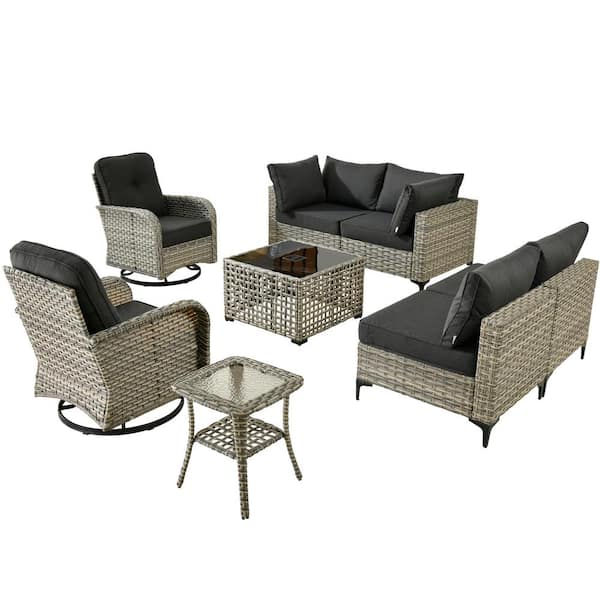 Holston 8-Piece Wicker Modern Outdoor Patio Conversation Sofa Sectional Set with Swivel Chairs and Black Cushions