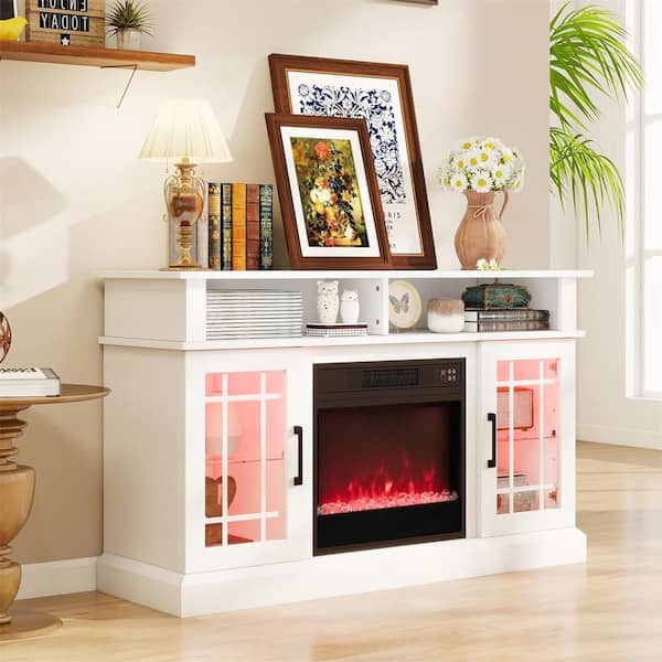 48 in. Freestanding Wooden Smart Electric Fireplace TV Stand in White
