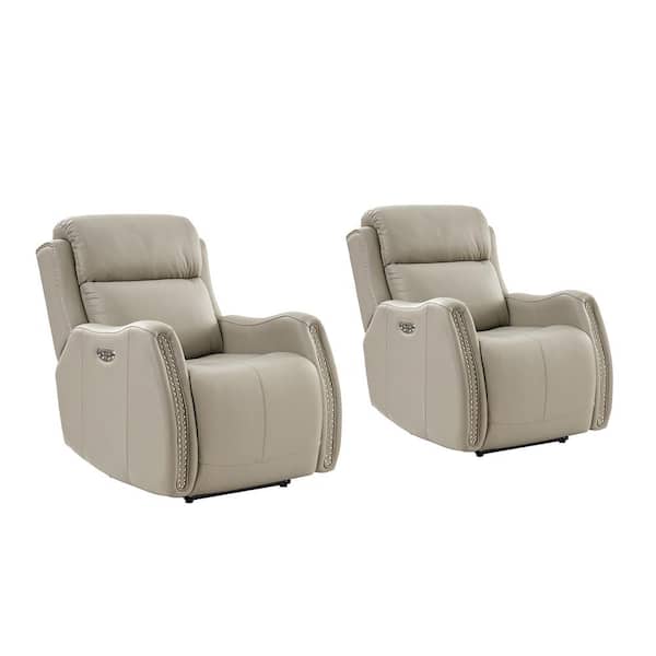 JAYDEN CREATION Roberto DOVE 33.07 in. W Nailhead Trims Genuine Leather Power Recliner with USB Charging Set of 2
