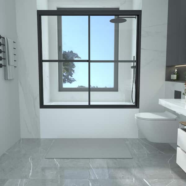FORCLOVER 59 in. W x 56 in. H Sliding Framed Tub Door in Matte Black with 1/8 in. Clear Tempered Glass