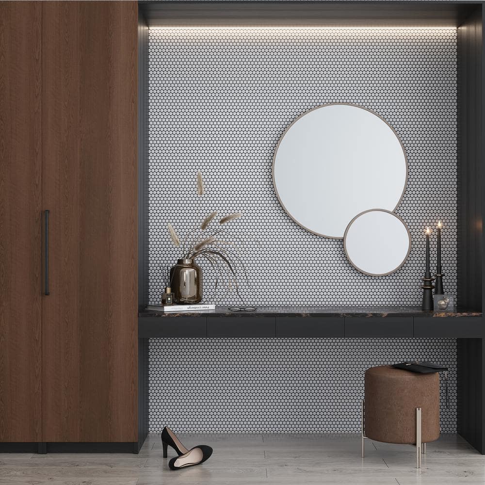 Cirkel Beige Glossy Penny Round Porcelain Mosaic Tile Sheet