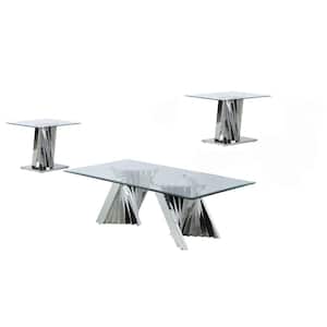 Ozuna 55 in. Tempered Clear Glass Stainless Steel, Rectangle Coffee Table of 3 Pieces w/End Table.