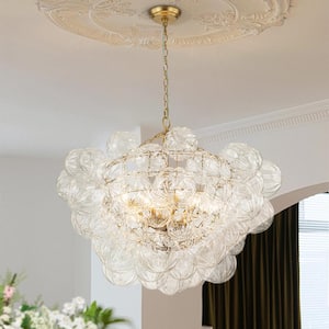 Neuvy 33 in.W 8-Light Brushed Gold Cluster Chandelier with Petal Ribbed Glass Shades for Staircase and Living Room