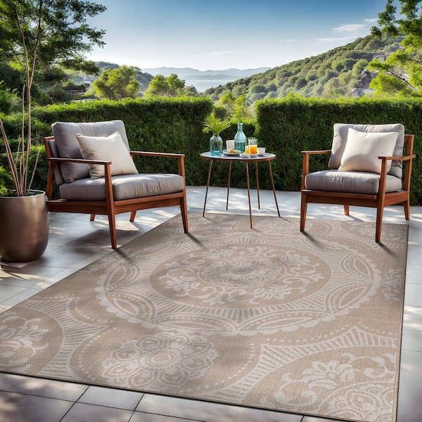 Beverly Rug 4 X 6 Beige White Waikiki Modern Medallion Indoor Outdoor Area Rug HD WKK20644 4X6 The Home Depot