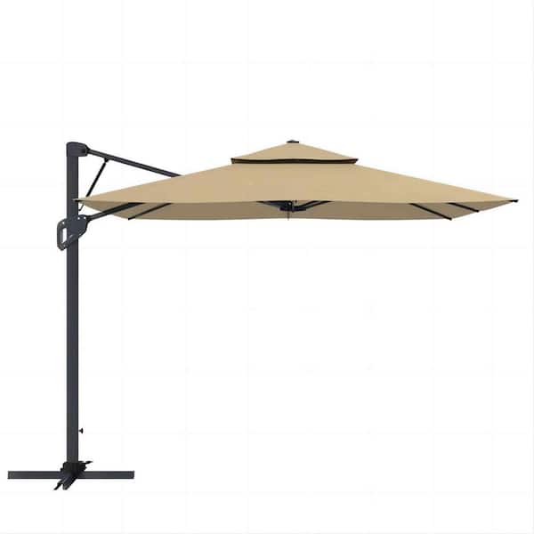Clihome 10 ft. Patio Square Pneumatic Lever Cantilever Umbrella in Khaki with Crank (Without Base)