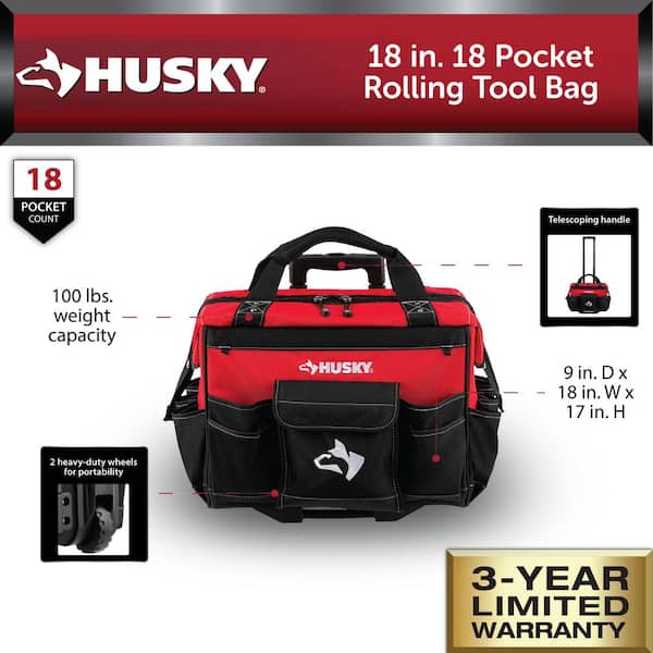 Husky GP-43196N13 18 600-Denier Red Water Resistant Contractor's Rolling  Tool Tote Bag with Telescoping Handle