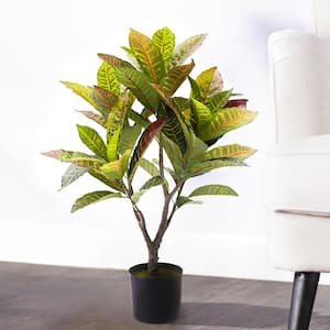 2.5 ft. Artificial Croton Rubber Plant Fiddle Leaf Plant in Black Pot