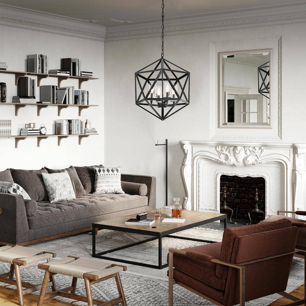 Antique Black Geometric Cage Chandelier with Glass Shades