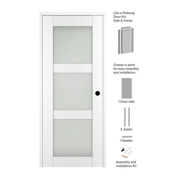 Belldinni Paola 18 in. x 84 in. Left-Hand 3Lite Frosted Glass Bianco Noble Composite Solid Core Wood Single Prehung Interior Door