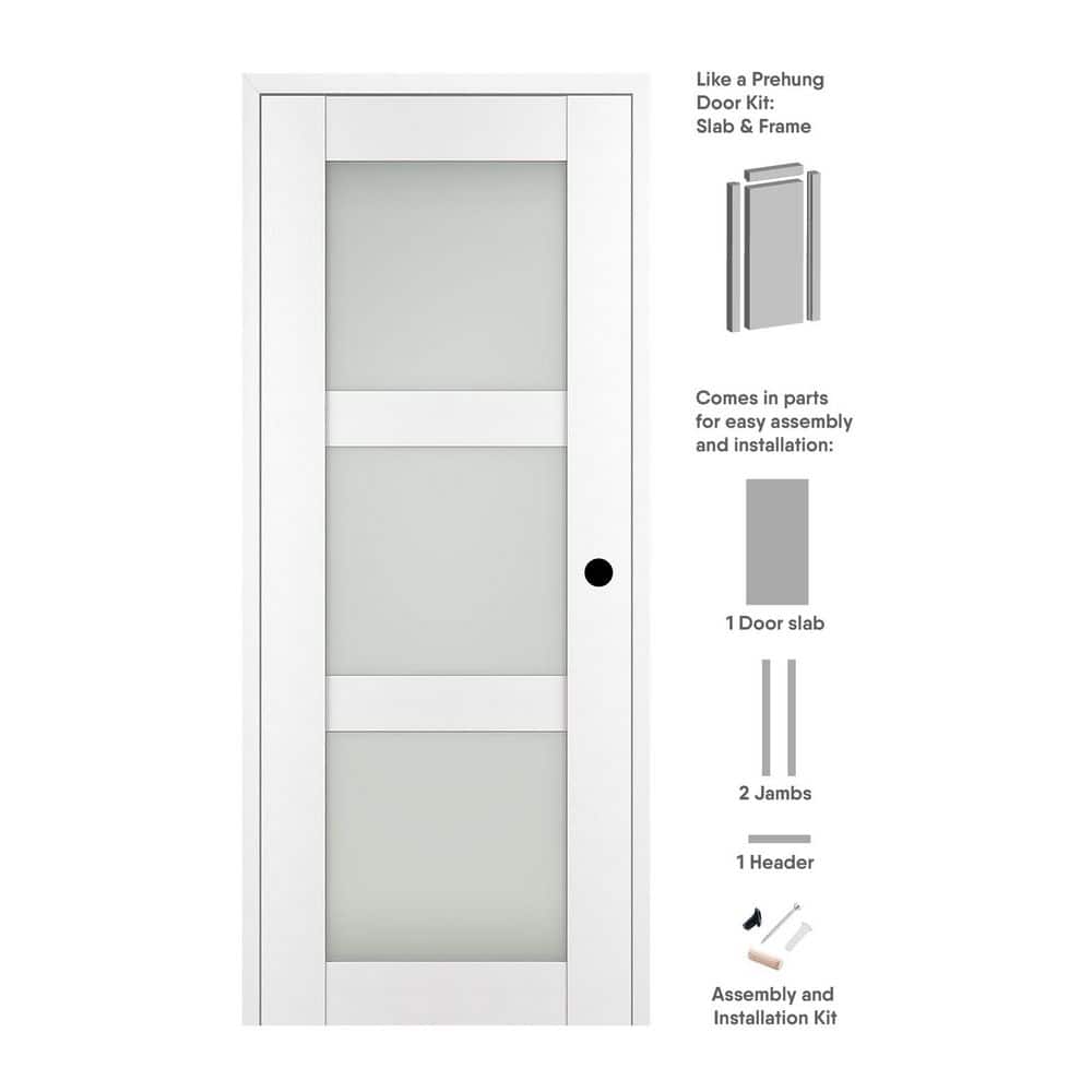 Paola 24 in. x 80 in. Left-Hand 3Lite Frosted Glass Bianco Noble Composite Solid Core Wood Single Prehung Interior Door price history on PriceWatchPro