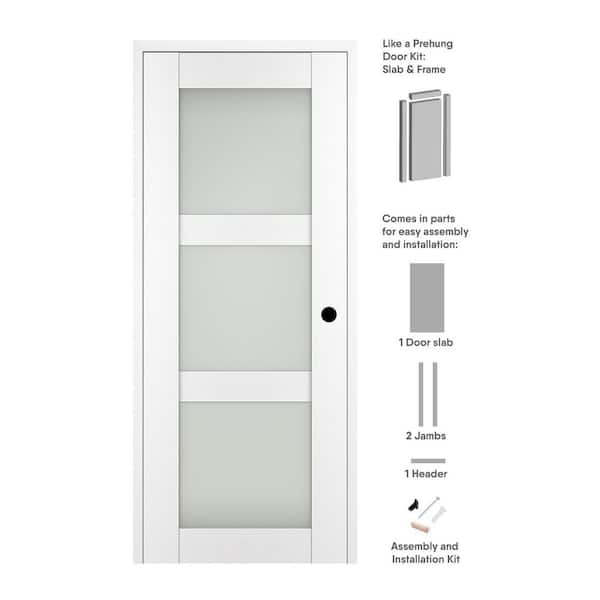 Belldinni Paola 18 in. x 80 in. Left-Hand 3Lite Frosted Glass Bianco Noble Composite Solid Core Wood Single Prehung Interior Door