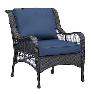 Black Wide Wicker Outdoor Lounge Chair with Navy Blue Cushions for Garden, Backyard