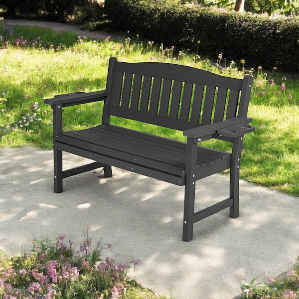Unbranded Adirondack 46.5 in. 2-Person Black HDPE Plastic Outdoor Bench Garden Patio Park Bench All Weather Resistant