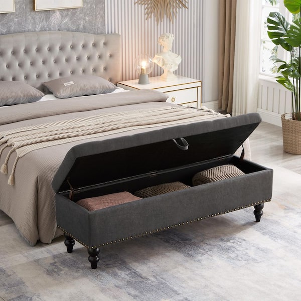 59 in. Gray Tufted End of Bed Bench Ottoman with Storage, 500 lbs. Capacity-Space-Saving Design