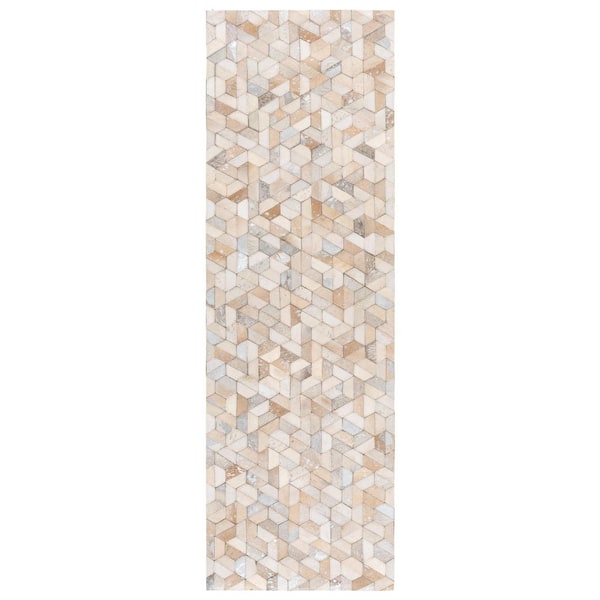 Studio Leather 2 ft. x 7 ft. Ivory/Silver Distressed Hexagons Runner Rug